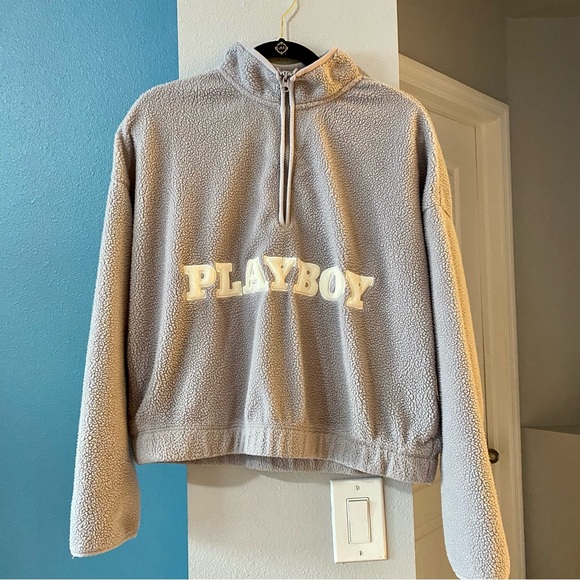 PacSun Sweaters - Playboy By PacSun College Half-Zip Gray/Purple Sweatshirt medium